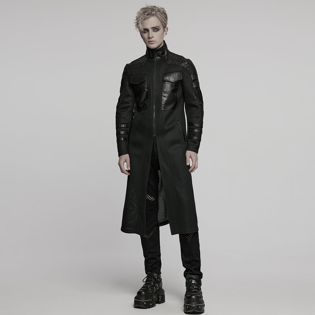WY-1769XCM Gothic Longline Leather Accent Punk Coat with High Collar