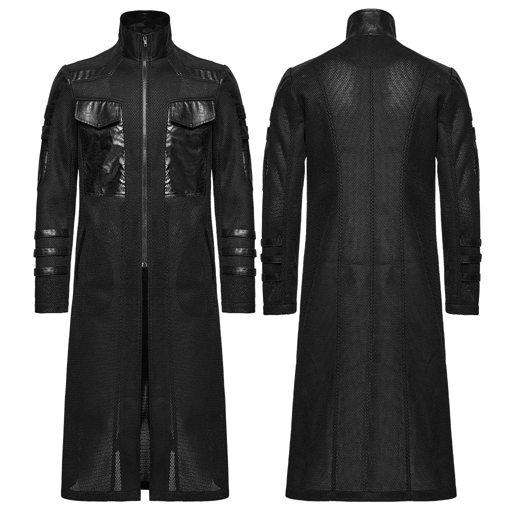 WY-1769XCM Gothic Longline Leather Accent Punk Coat with High Collar