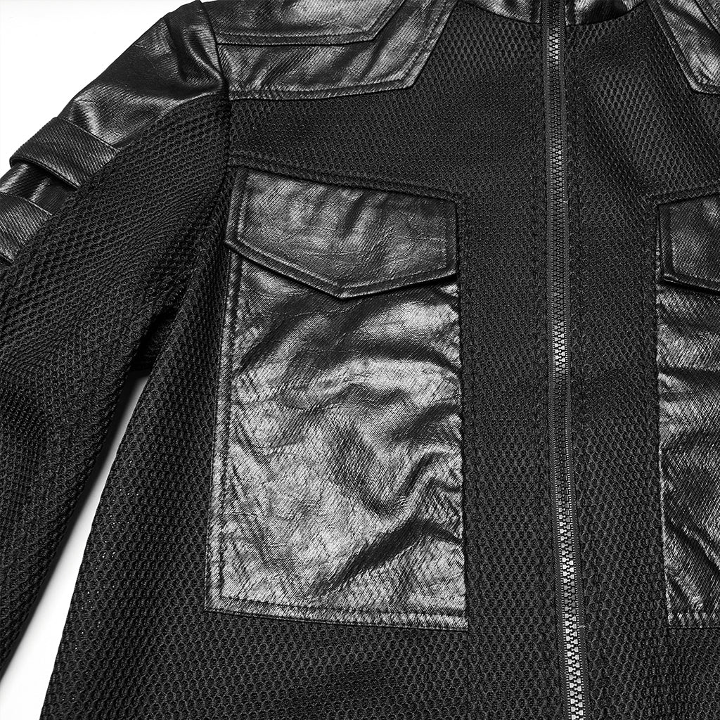 WY-1769XCM Gothic Longline Leather Accent Punk Coat with High Collar