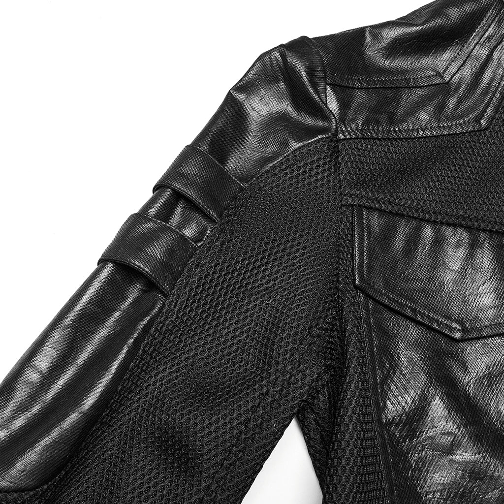 WY-1769XCM Gothic Longline Leather Accent Punk Coat with High Collar