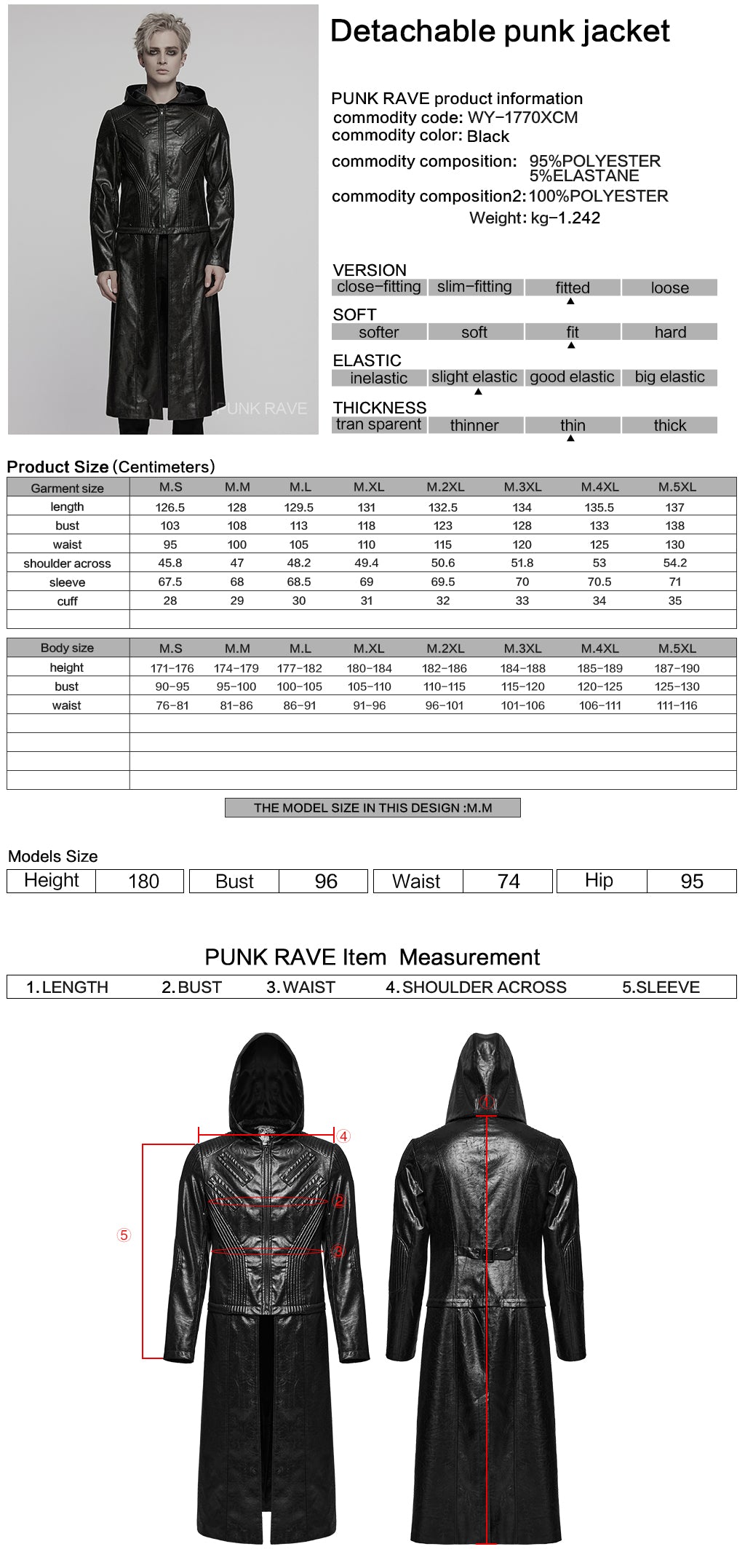 WY-1770XCM Mens Gothic Hooded Zipper Punk Jackets in Black Leather Style