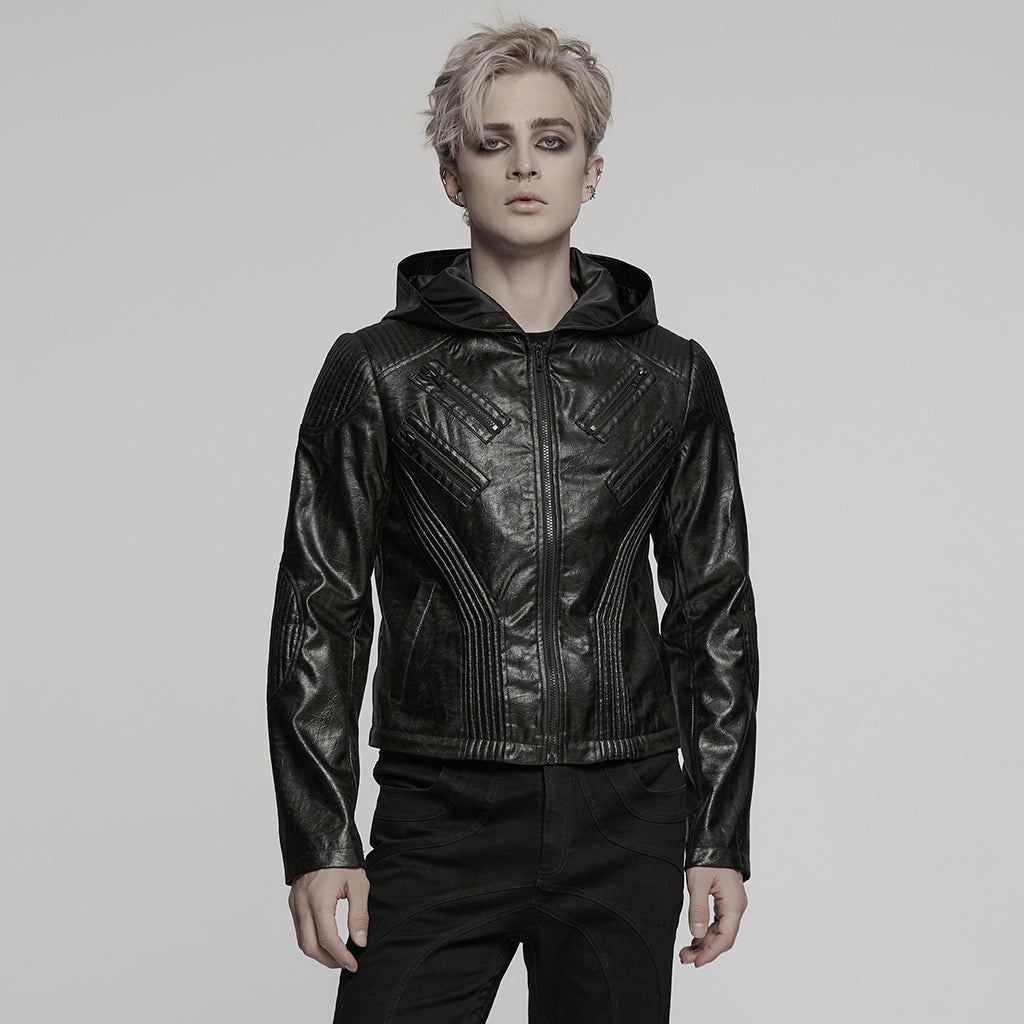 WY-1770XCM Mens Gothic Hooded Zipper Punk Jackets in Black Leather Style