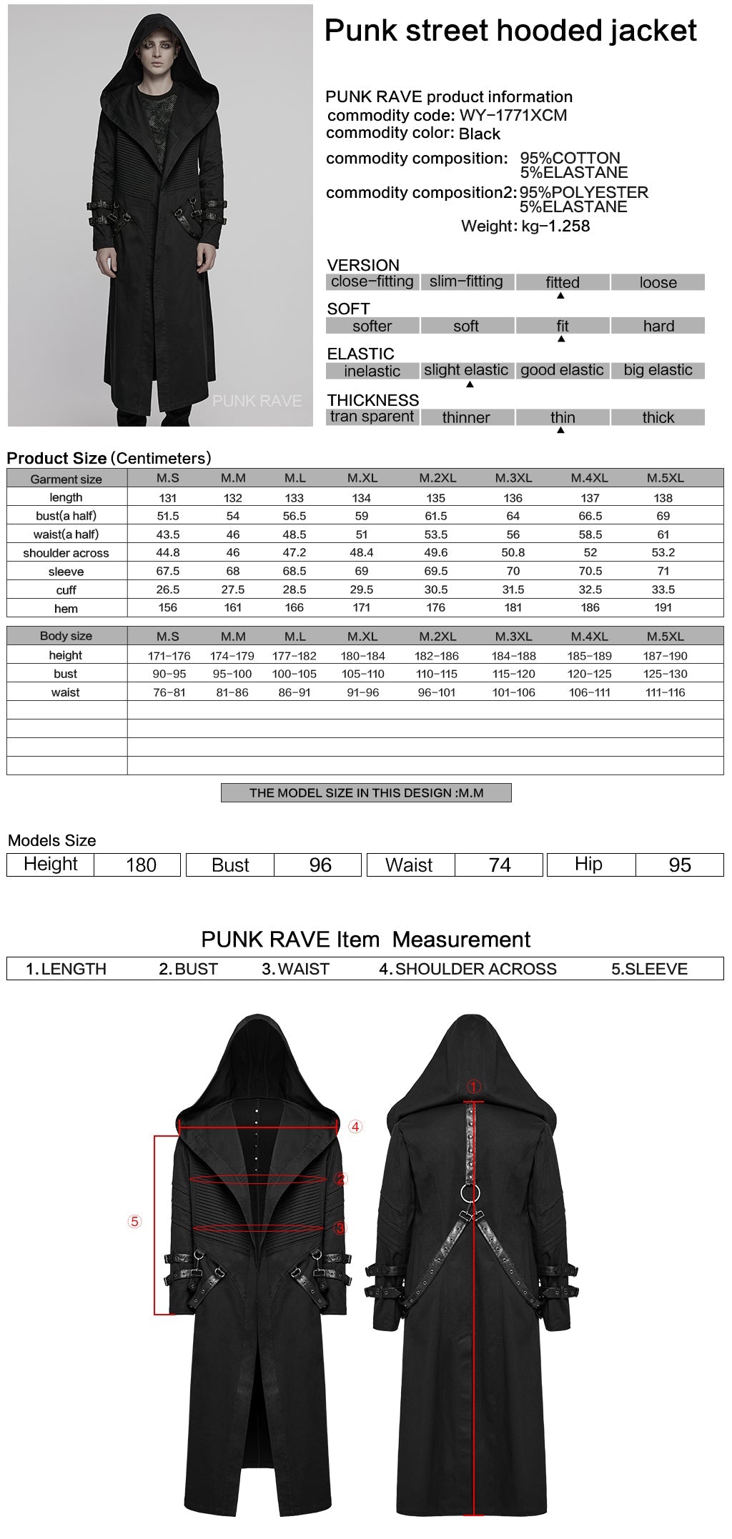 WY-1771XCM Gothic Hooded Punk Coat with Straps and Ribbed Detailing