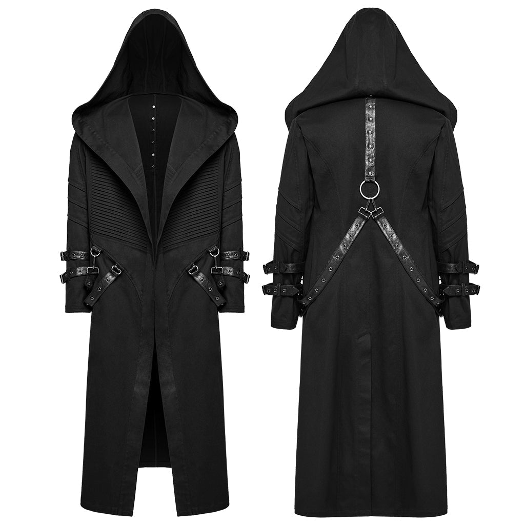 WY-1771XCM Gothic Hooded Punk Coat with Straps and Ribbed Detailing