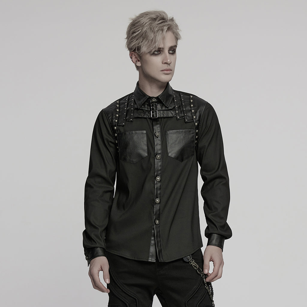 WY-1774CCM Punk Shirts Studded Leather Accent Button-Up Long Sleeve Top