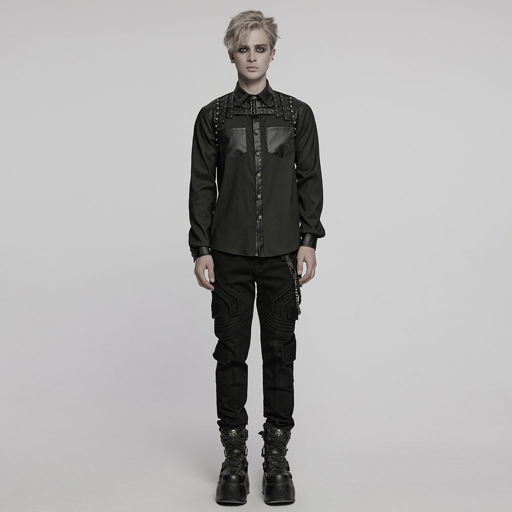 WY-1774CCM Punk Shirts Studded Leather Accent Button-Up Long Sleeve Top