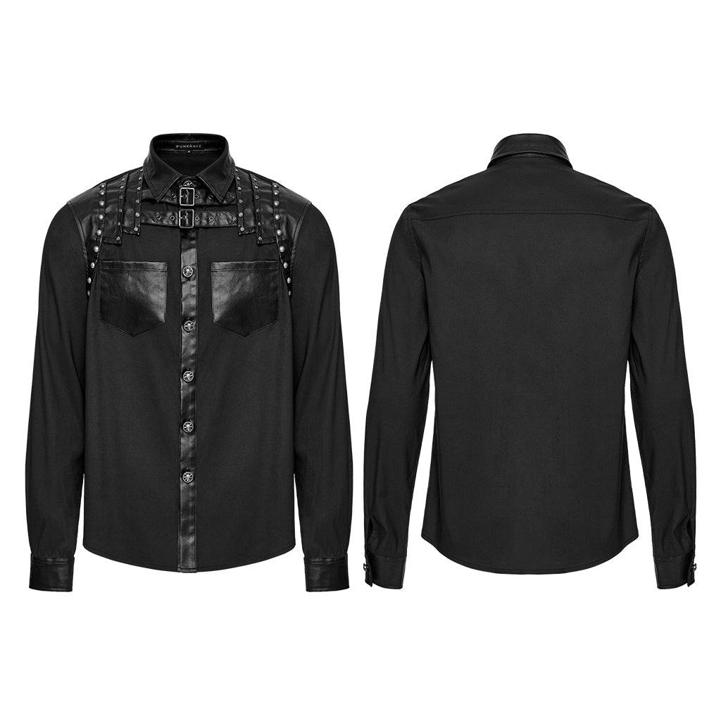 WY-1774CCM Punk Shirts Studded Leather Accent Button-Up Long Sleeve Top