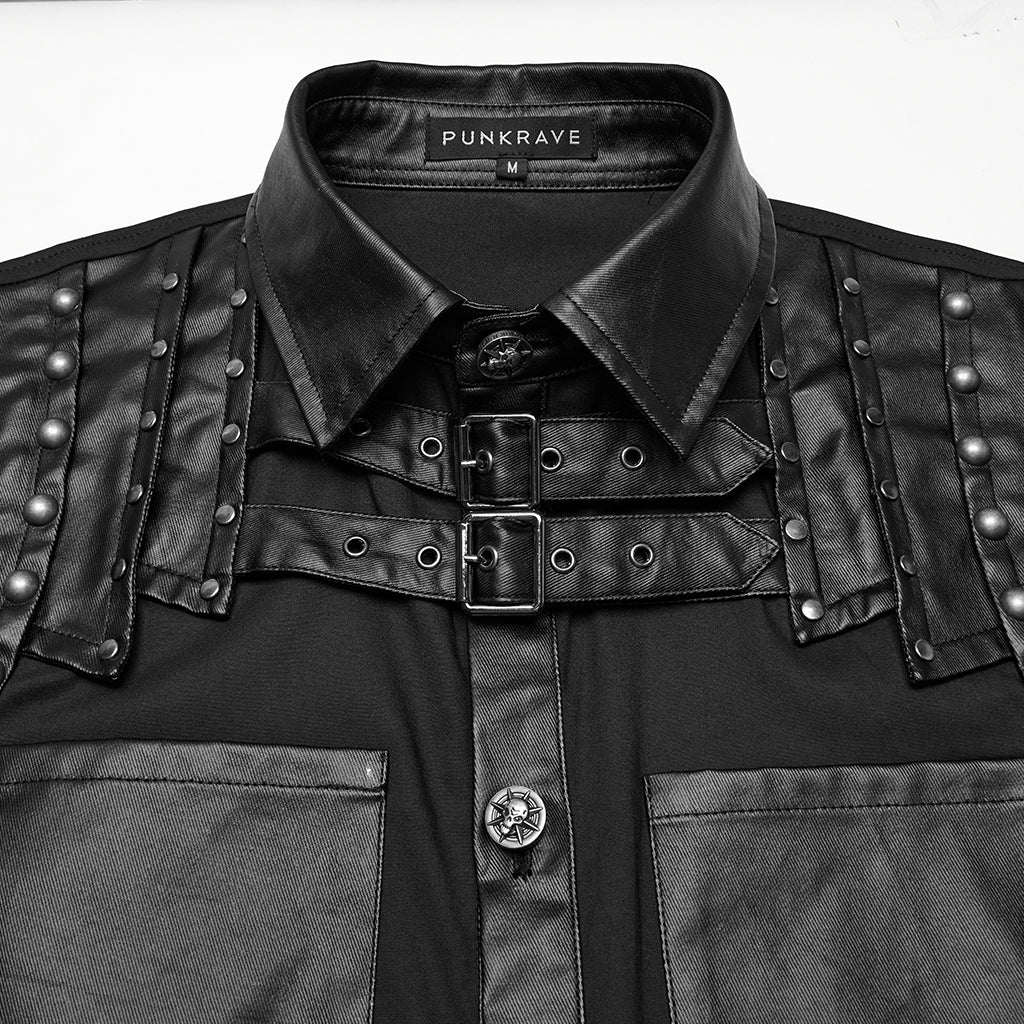 WY-1774CCM Punk Shirts Studded Leather Accent Button-Up Long Sleeve Top