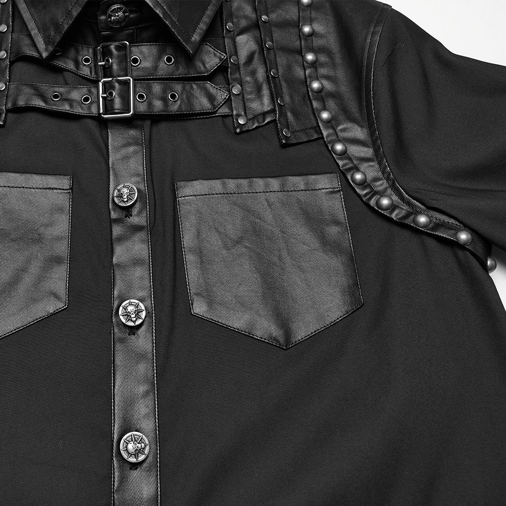 WY-1774CCM Punk Shirts Studded Leather Accent Button-Up Long Sleeve Top