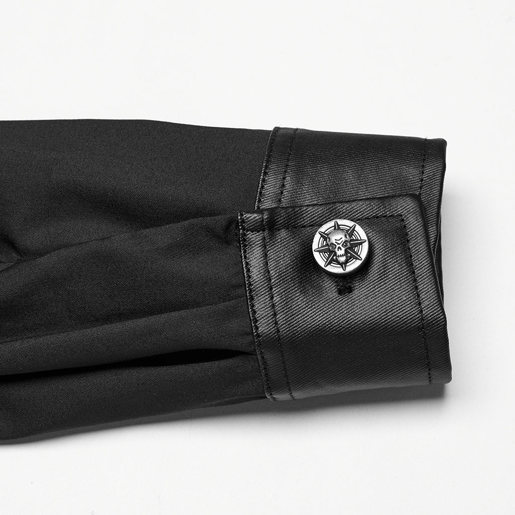 WY-1774CCM Punk Shirts Studded Leather Accent Button-Up Long Sleeve Top