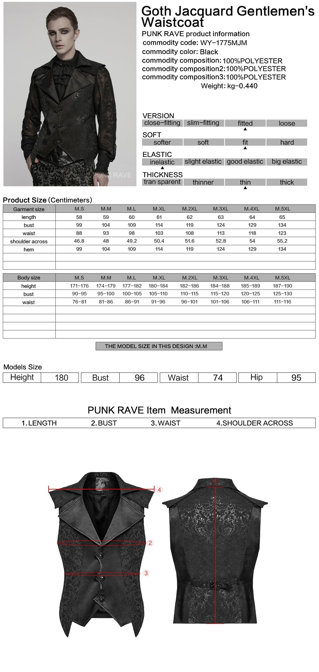 WY-1775MJM Mens Steampunk Gothic Vest with Lace and Statement Collar