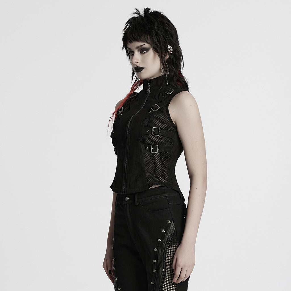 WY-1780MJF Edgy Buckle-Accent Black Punk Vests Sleeveless Zipper Front
