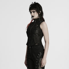 WY-1780MJF Edgy Buckle-Accent Black Punk Vests Sleeveless Zipper Front