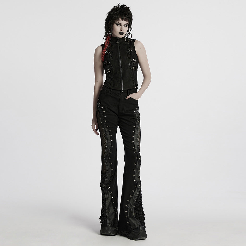 WY-1780MJF Edgy Buckle-Accent Black Punk Vests Sleeveless Zipper Front