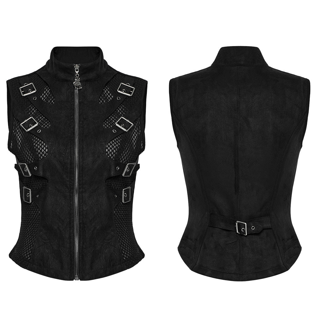 WY-1780MJF Edgy Buckle-Accent Black Punk Vests Sleeveless Zipper Front