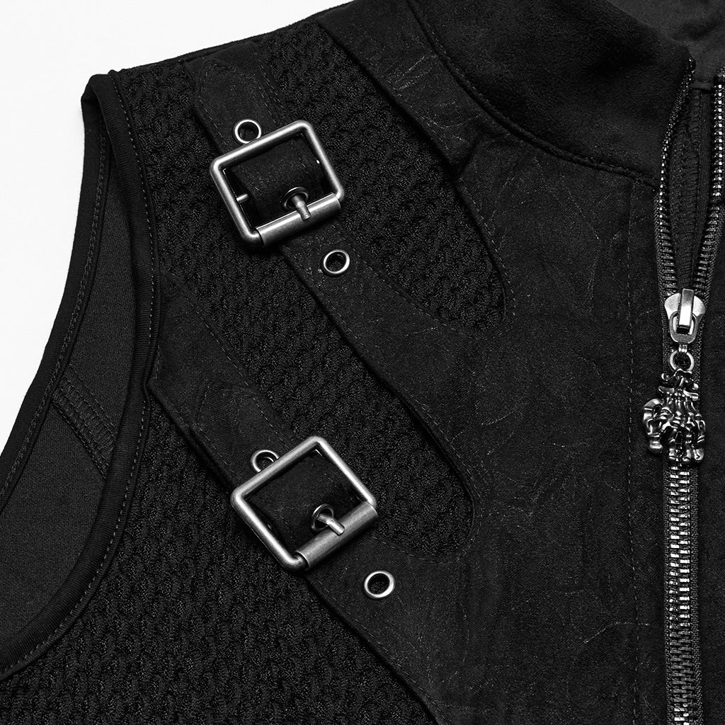 WY-1780MJF Edgy Buckle-Accent Black Punk Vests Sleeveless Zipper Front