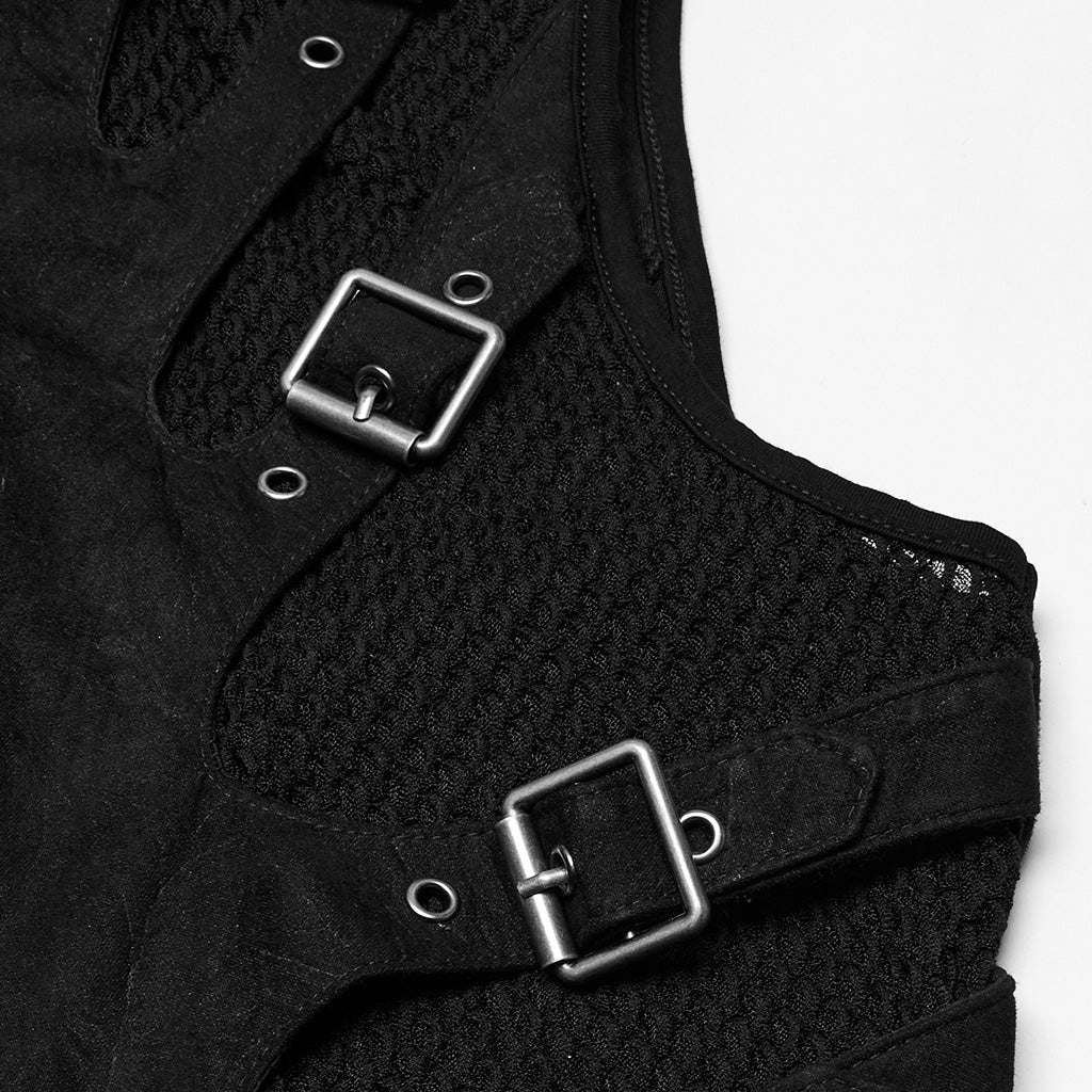 WY-1780MJF Edgy Buckle-Accent Black Punk Vests Sleeveless Zipper Front