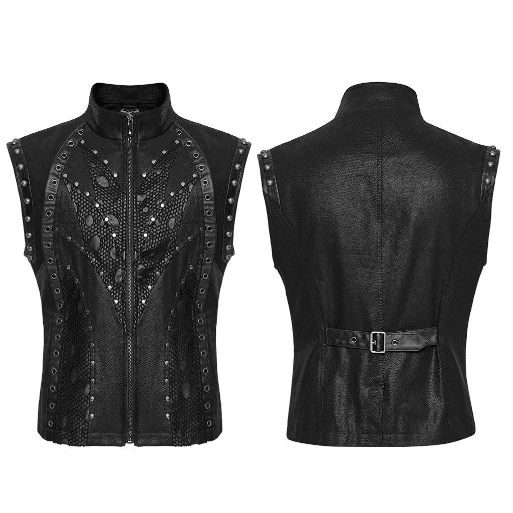 WY-1781MJM Edgy Black Leather Gothic Studded Punk Vests with Lace Detailing