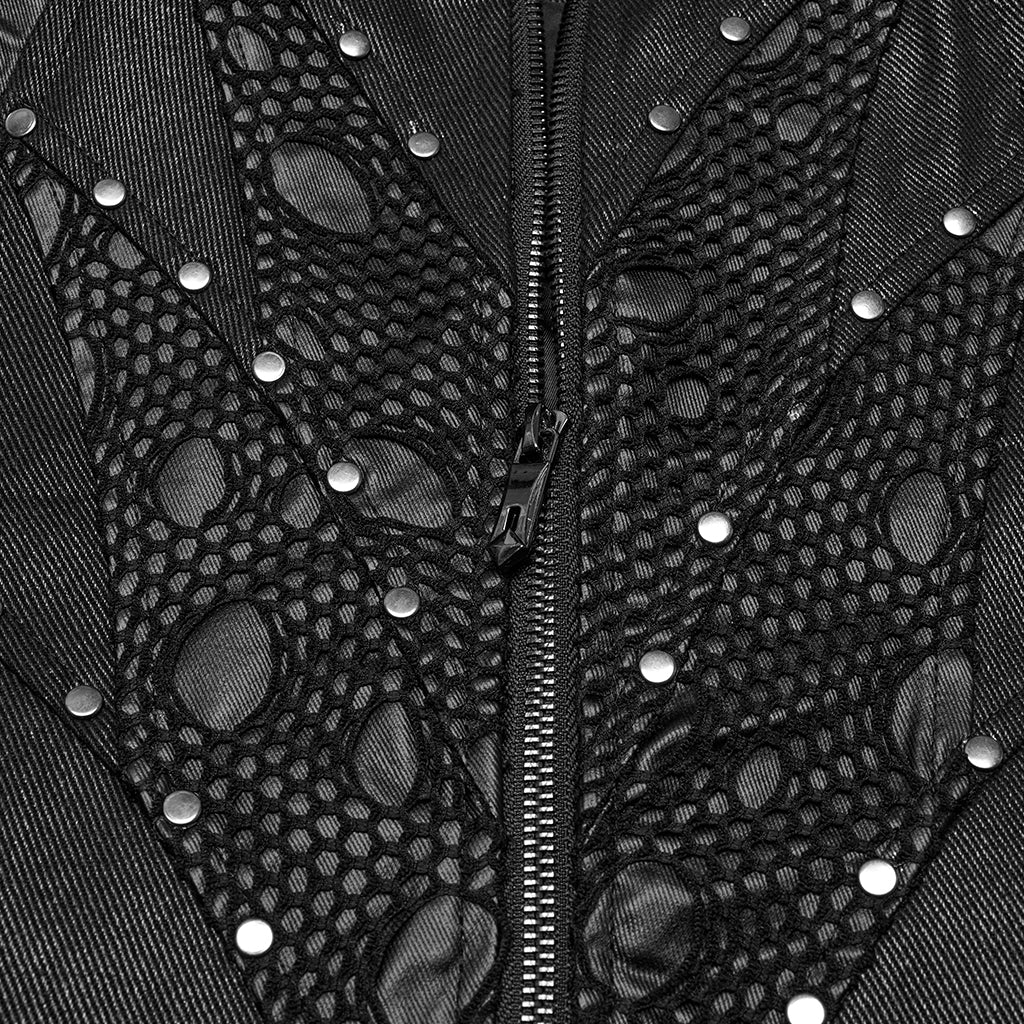 WY-1781MJM Edgy Black Leather Gothic Studded Punk Vests with Lace Detailing