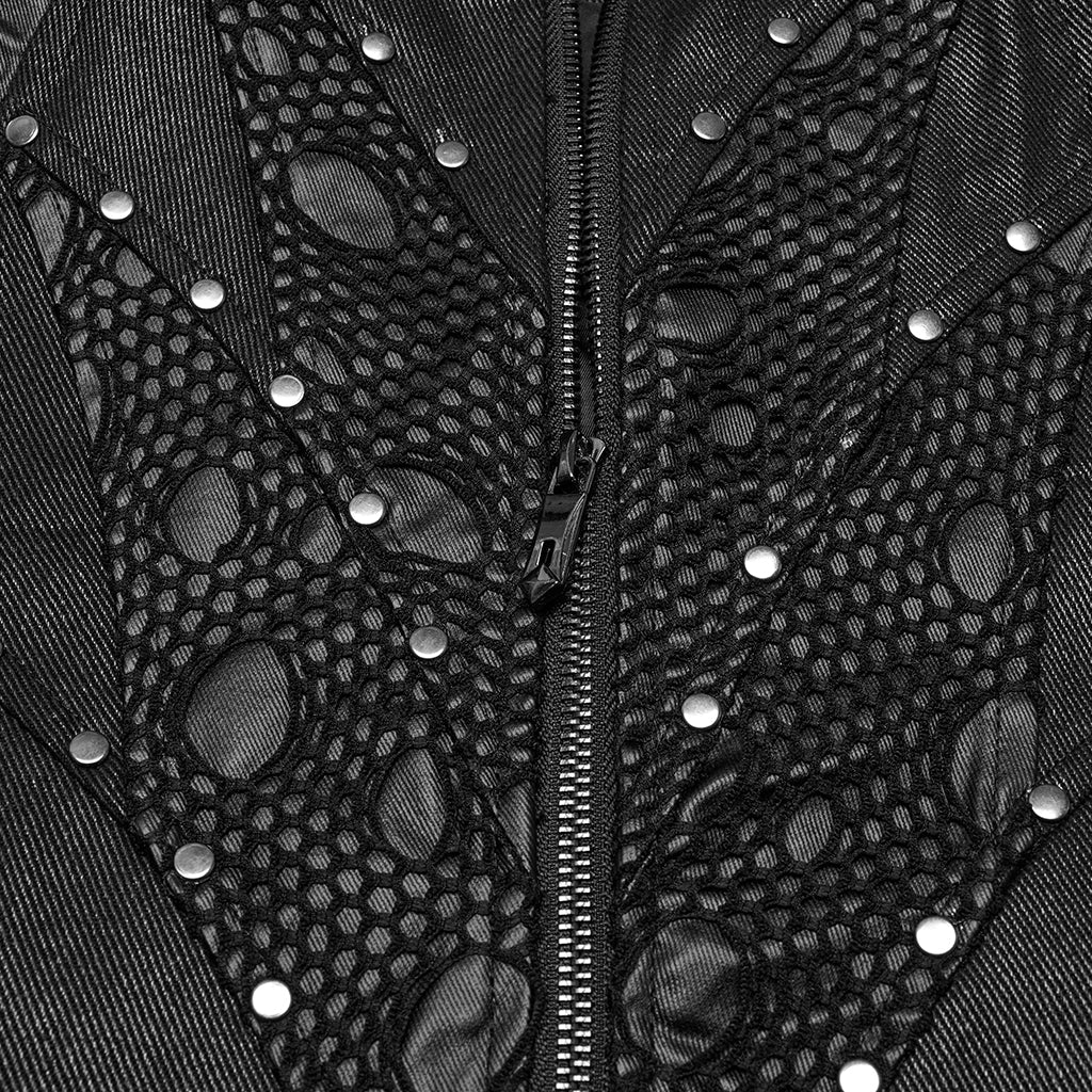 WY-1781MJM Edgy Black Leather Gothic Studded Punk Vests with Lace Detailing