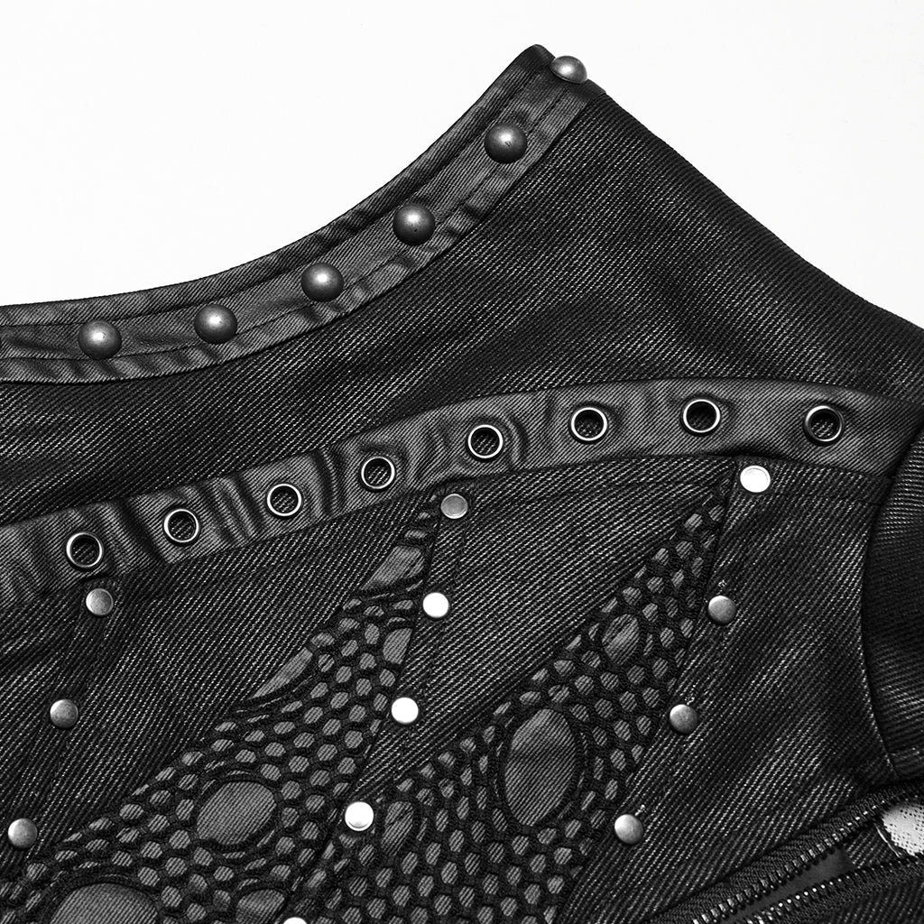 WY-1781MJM Edgy Black Leather Gothic Studded Punk Vests with Lace Detailing