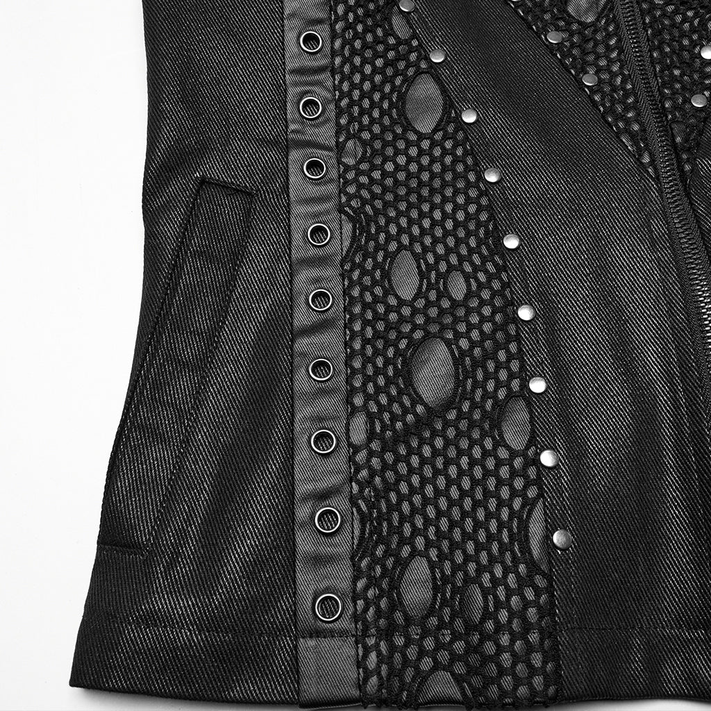 WY-1781MJM Edgy Black Leather Gothic Studded Punk Vests with Lace Detailing