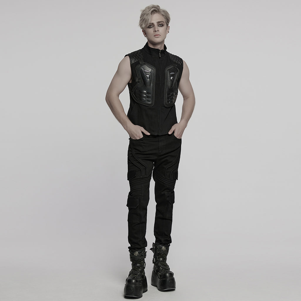 WY-1783MJM Mens Quilted Leather Panel Punk Vests Tactical Gothic Style