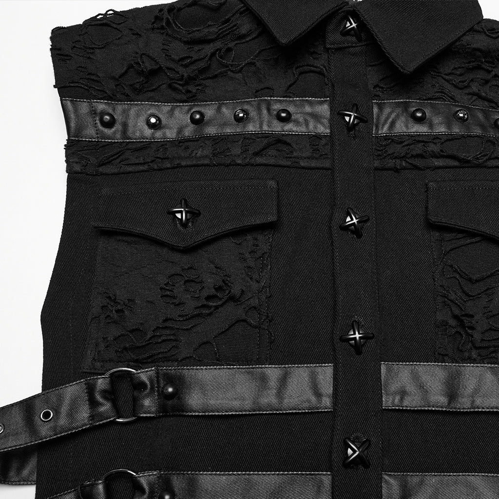 WY-1784MJM Edgy Studded Black Punk Vests with Mesh and Straps