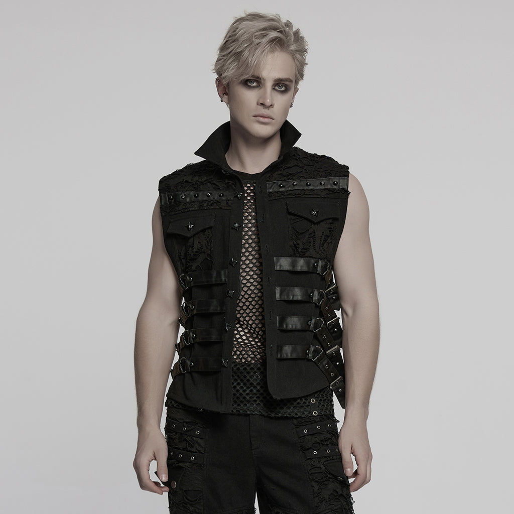 WY-1784MJM Edgy Studded Black Punk Vests with Mesh and Straps