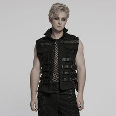 WY-1784MJM Edgy Studded Black Punk Vests with Mesh and Straps