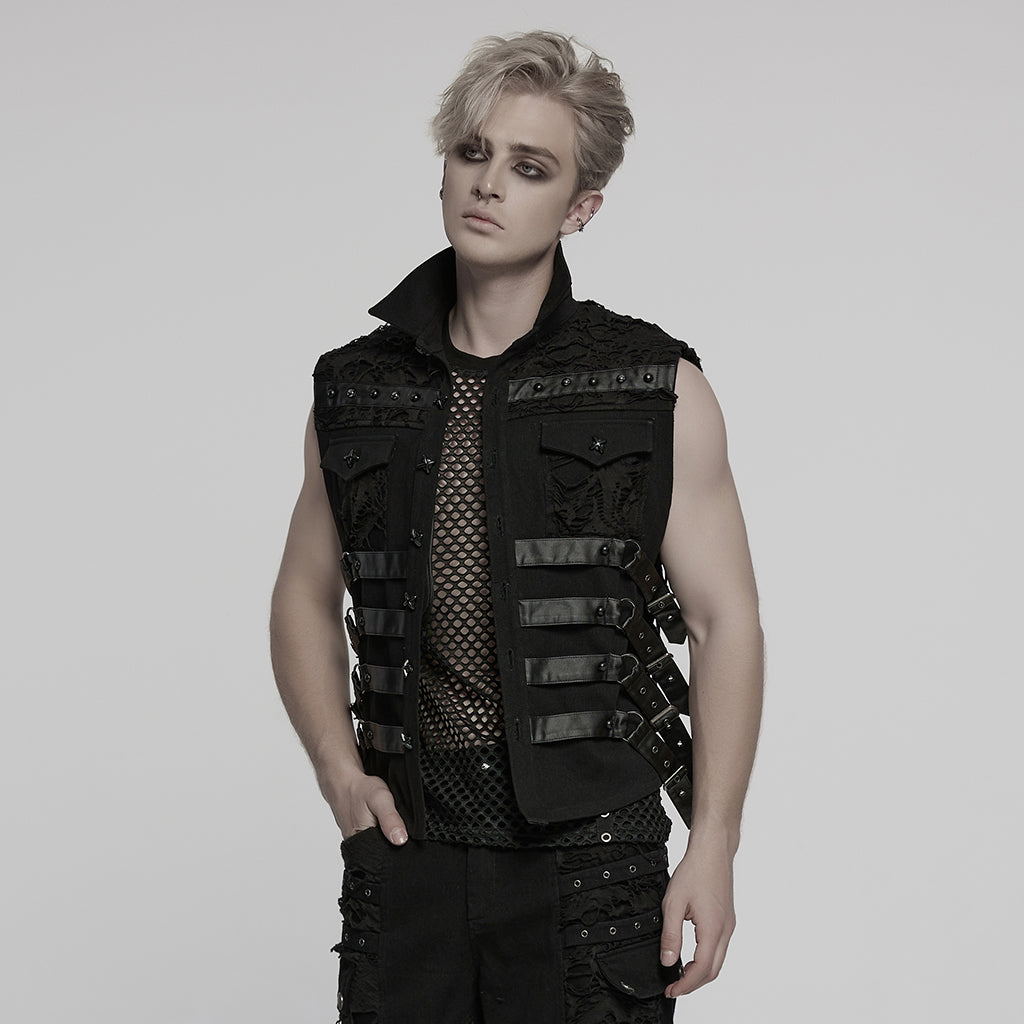 WY-1784MJM Edgy Studded Black Punk Vests with Mesh and Straps