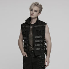 WY-1784MJM Edgy Studded Black Punk Vests with Mesh and Straps
