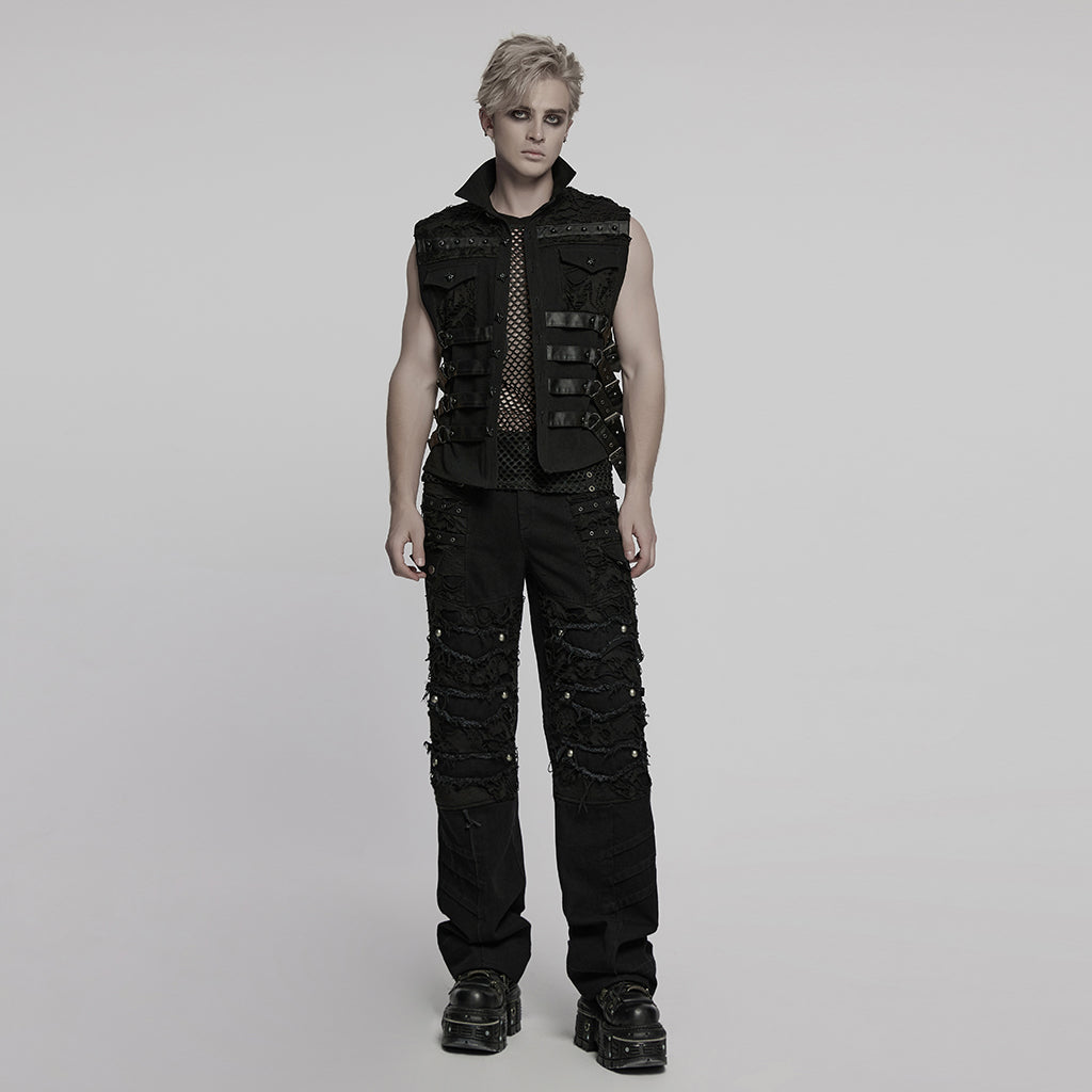 WY-1784MJM Edgy Studded Black Punk Vests with Mesh and Straps