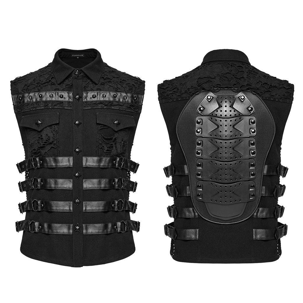 WY-1784MJM Edgy Studded Black Punk Vests with Mesh and Straps