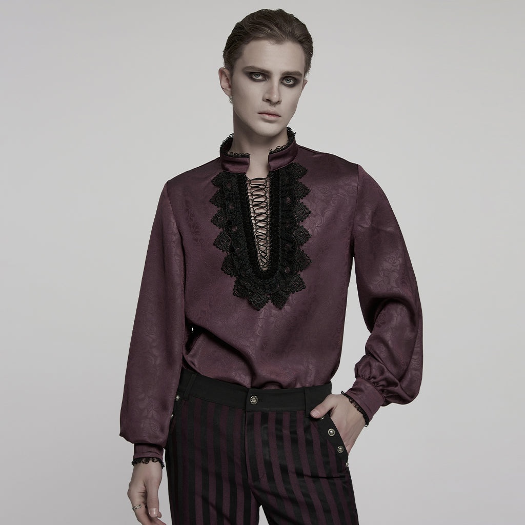 WY-1785CCM Mens Lace-Up Brocade Gothic Shirts Victorian-Style Long Sleeve
