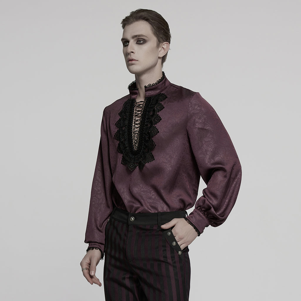 WY-1785CCM Mens Lace-Up Brocade Gothic Shirts Victorian-Style Long Sleeve