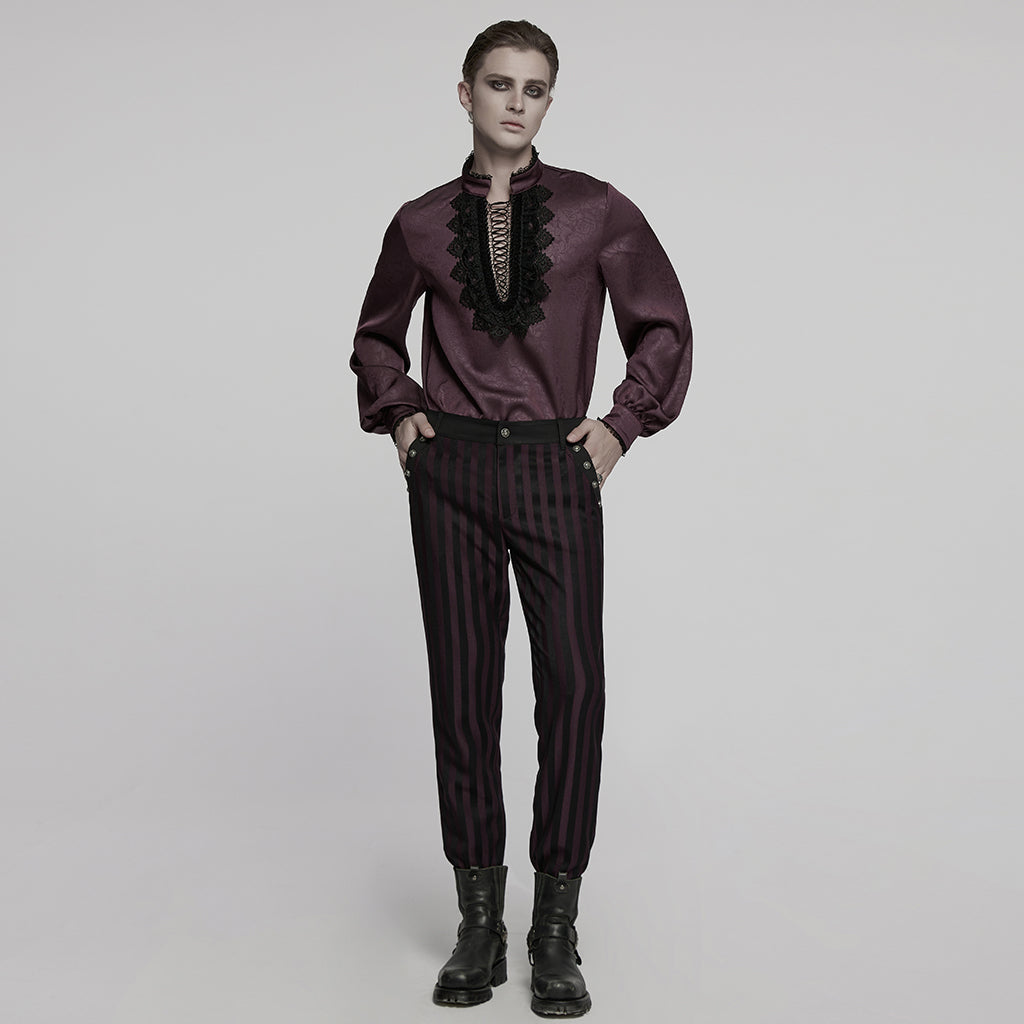 WY-1785CCM Mens Lace-Up Brocade Gothic Shirts Victorian-Style Long Sleeve