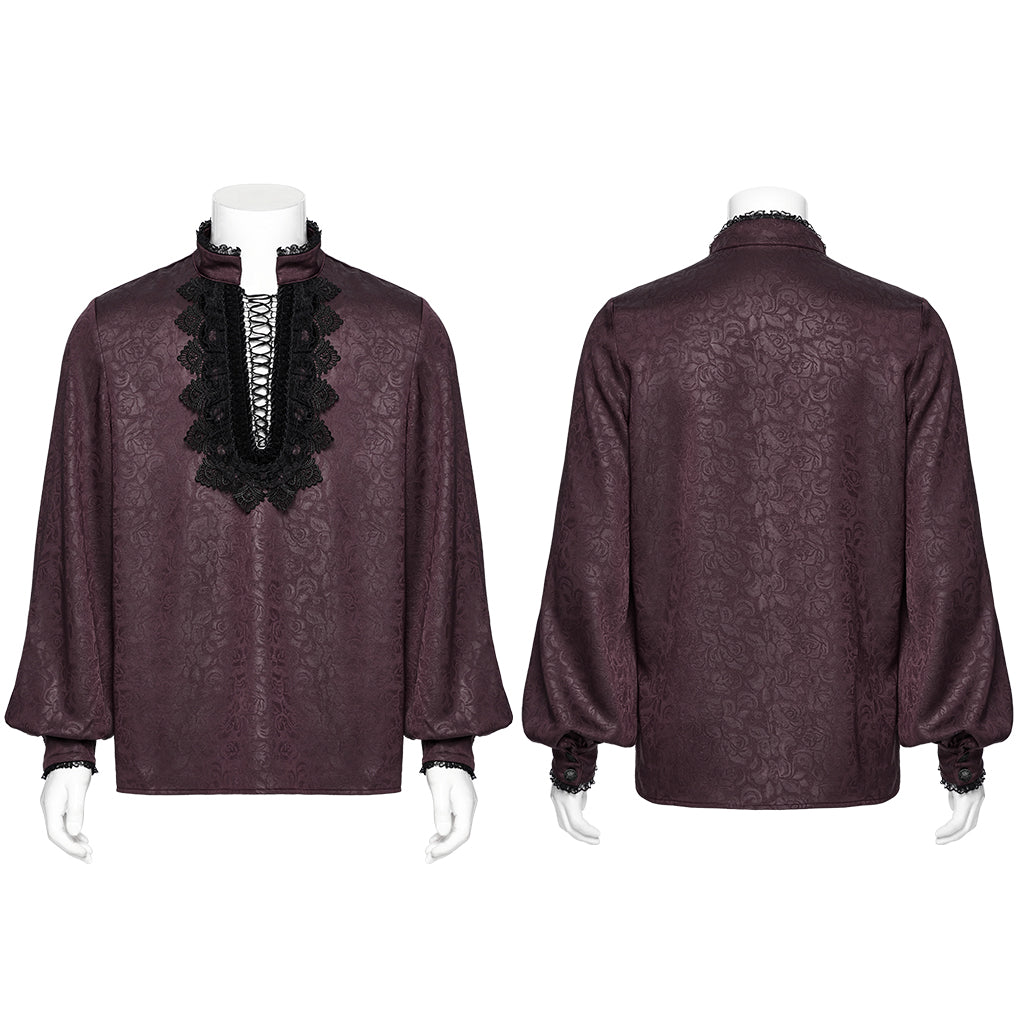 WY-1785CCM Mens Lace-Up Brocade Gothic Shirts Victorian-Style Long Sleeve