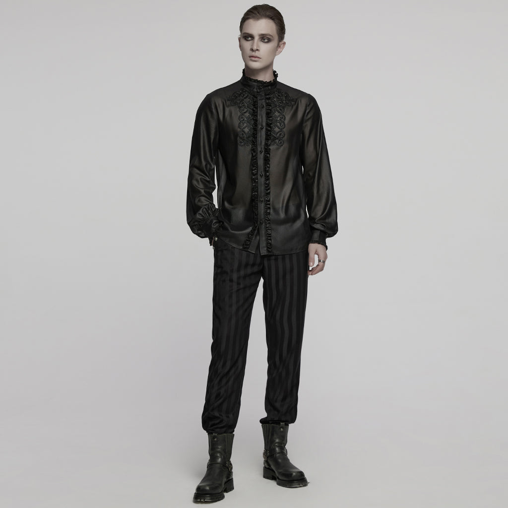 WY-1786CCM Gothic Shirts Black Embroidered Victorian Style Ruffled Collar