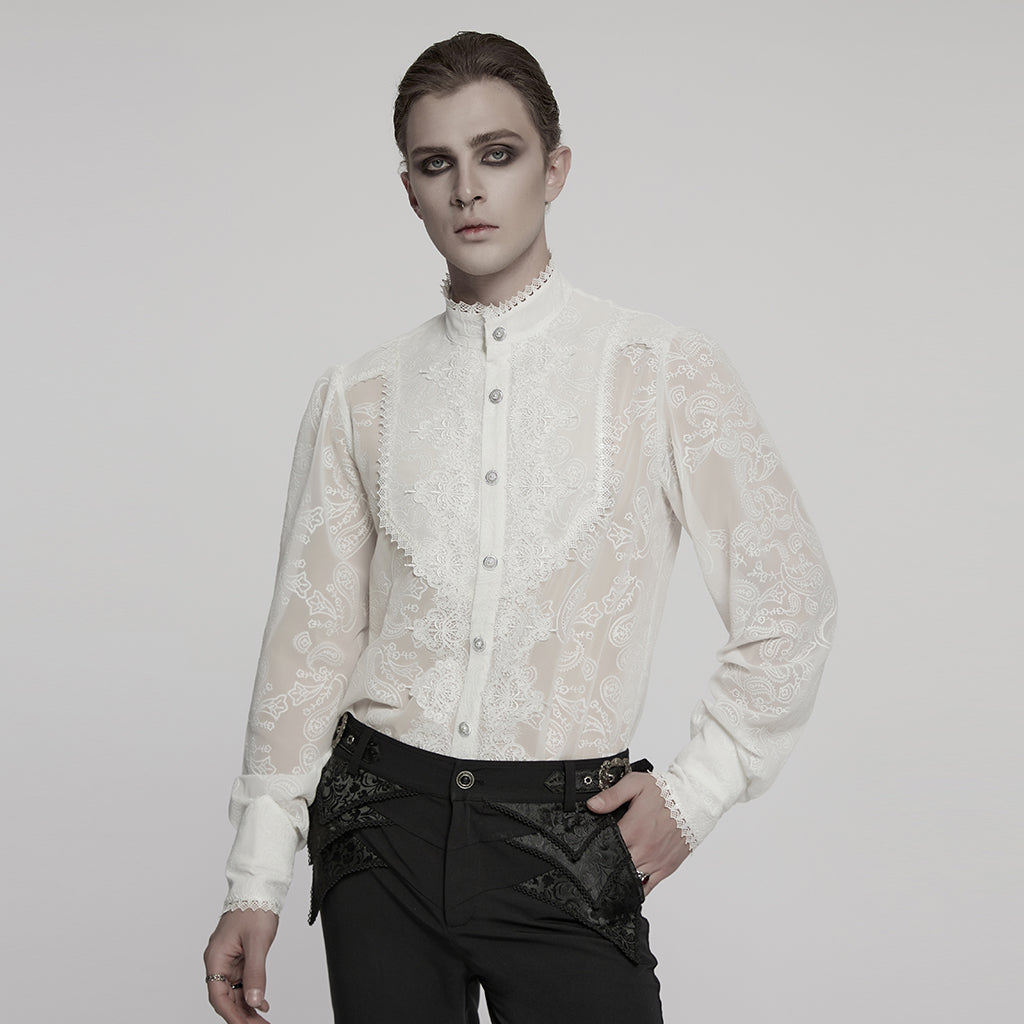 WY-1787CCM Elegant Sheer Lace Button-Up Gothic Shirt with High Collar