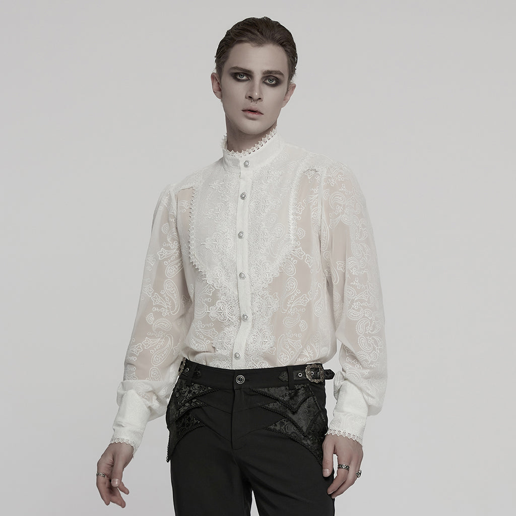 WY-1787CCM Elegant Sheer Lace Button-Up Gothic Shirt with High Collar