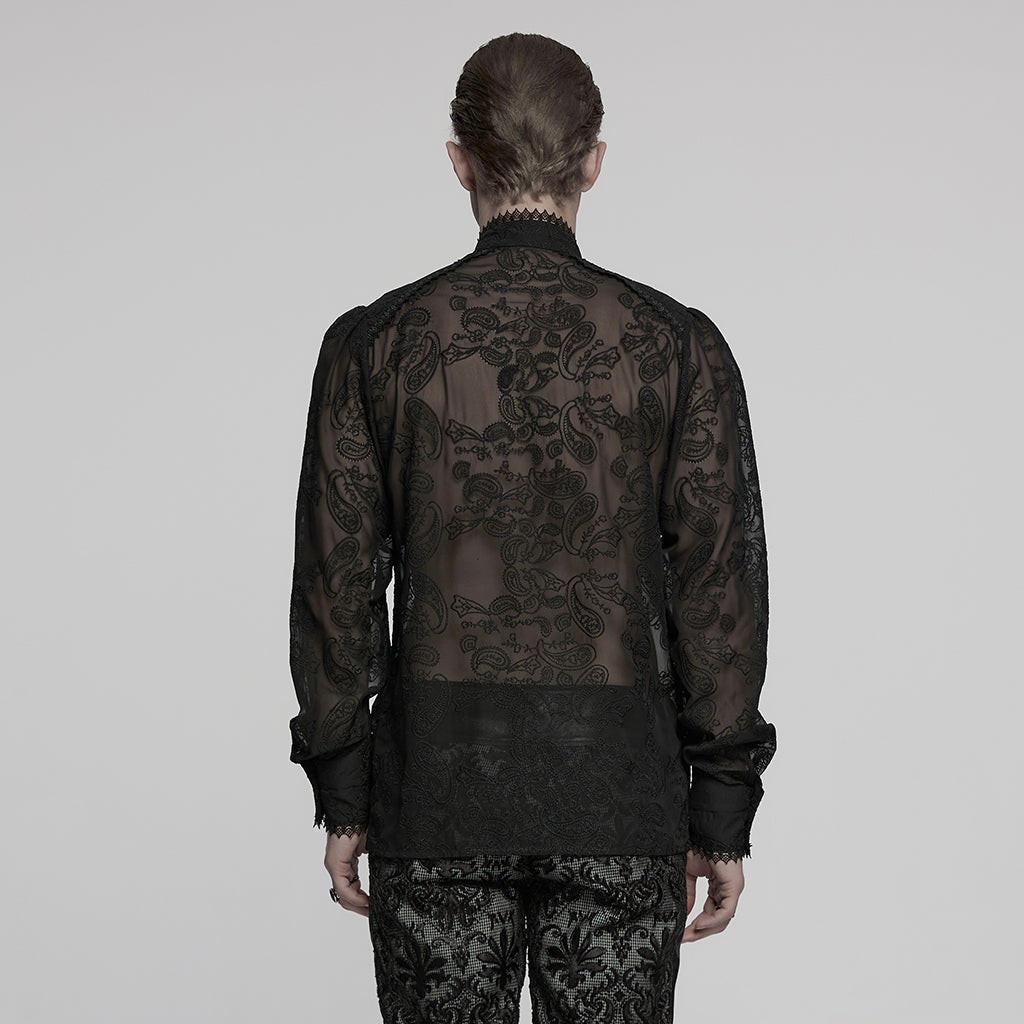 WY-1787CCM Elegant Sheer Lace Button-Up Gothic Shirt with High Collar