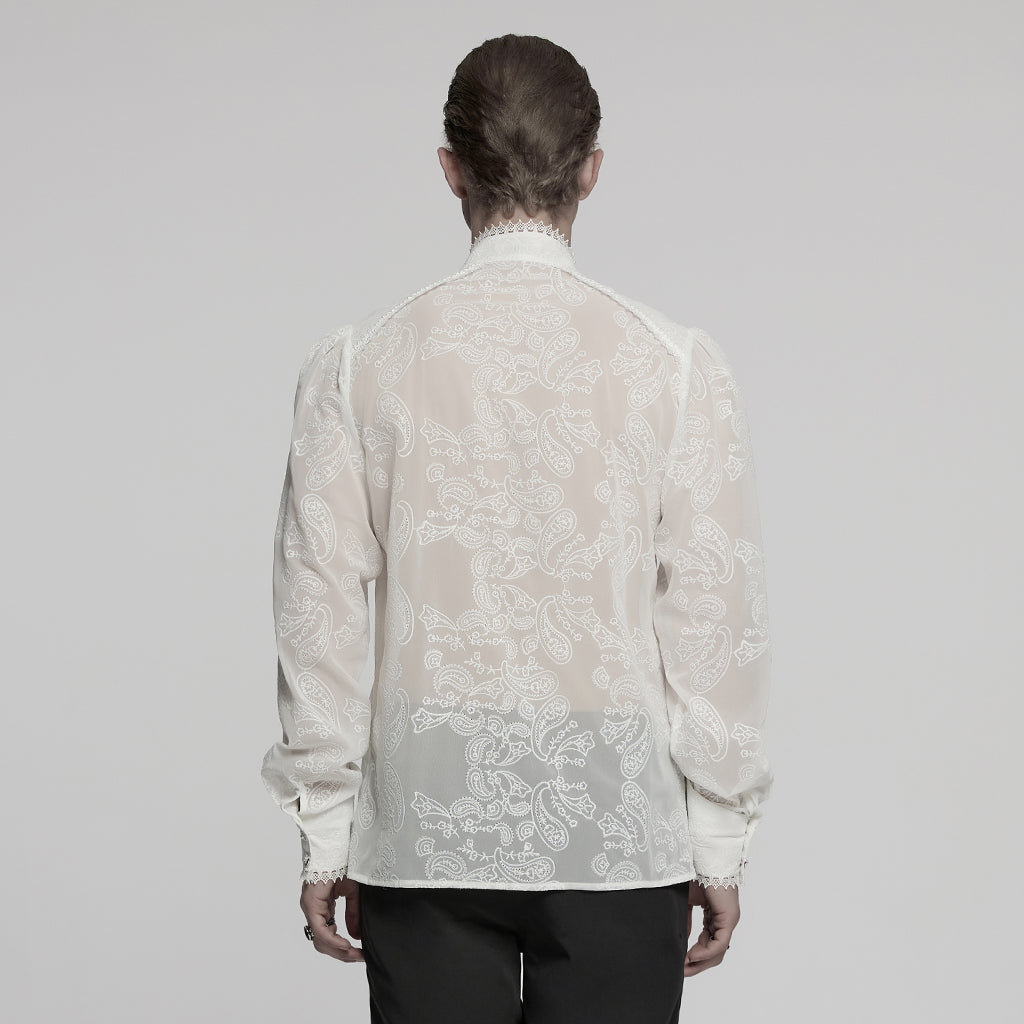 WY-1787CCM Elegant Sheer Lace Button-Up Gothic Shirt with High Collar