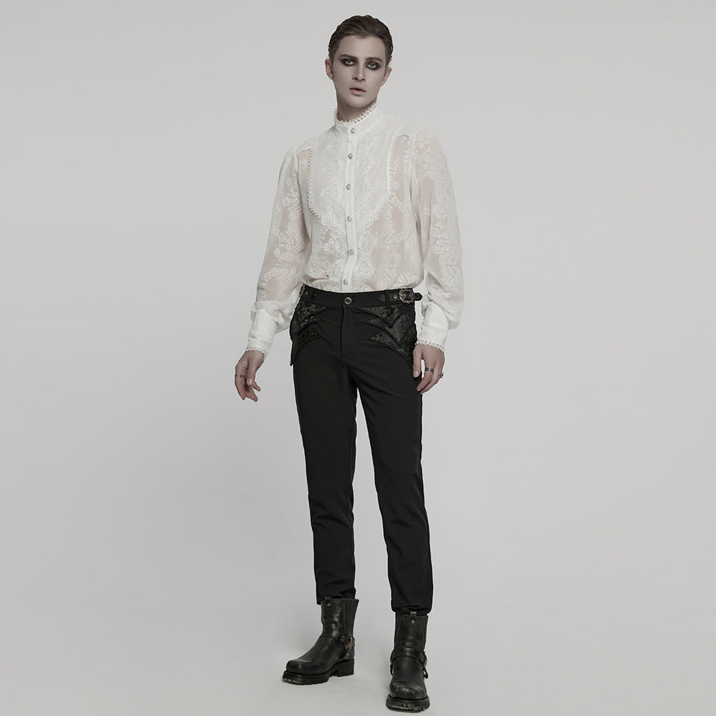WY-1787CCM Elegant Sheer Lace Button-Up Gothic Shirt with High Collar