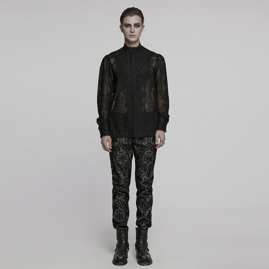 WY-1787CCM Elegant Sheer Lace Button-Up Gothic Shirt with High Collar