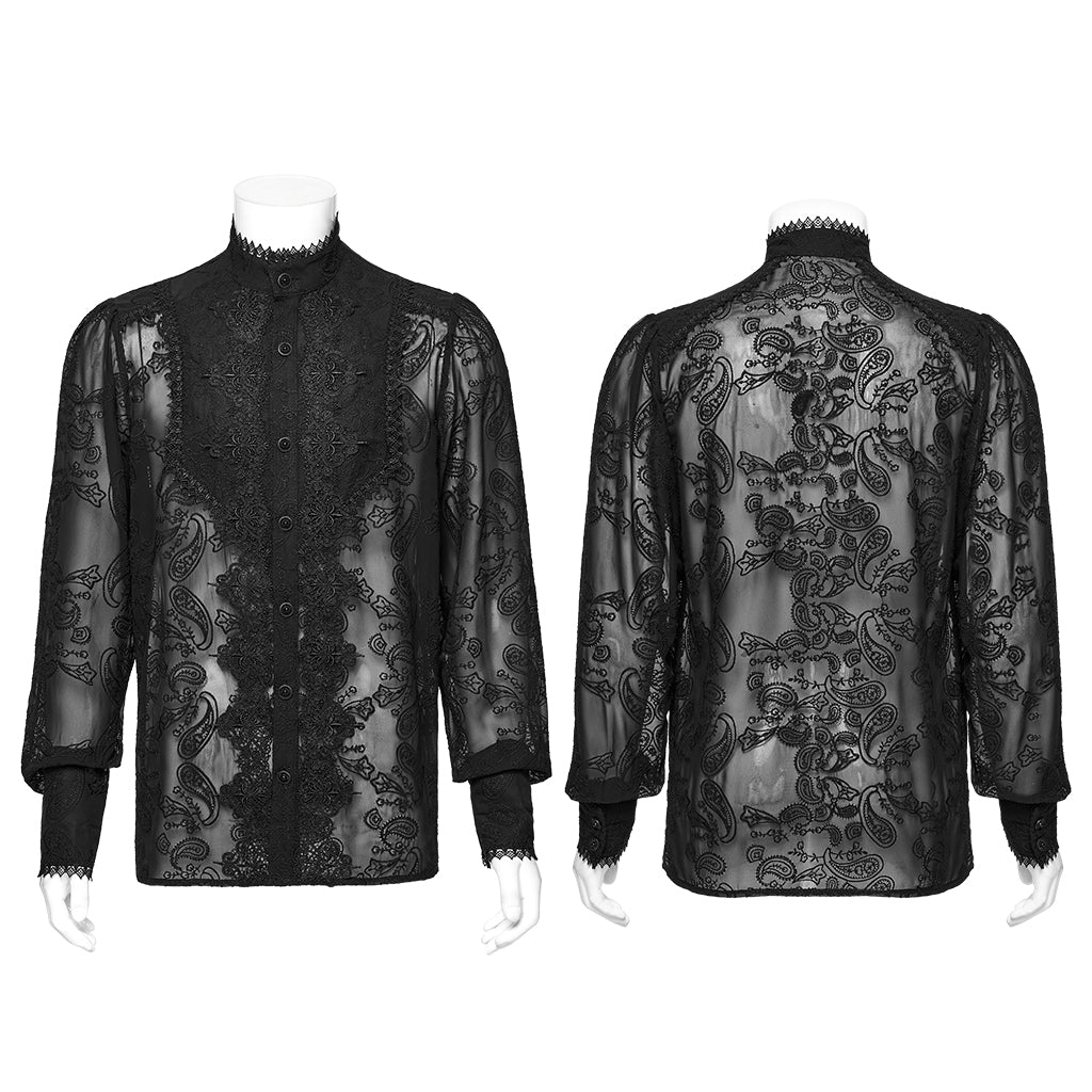 WY-1787CCM Elegant Sheer Lace Button-Up Gothic Shirt with High Collar
