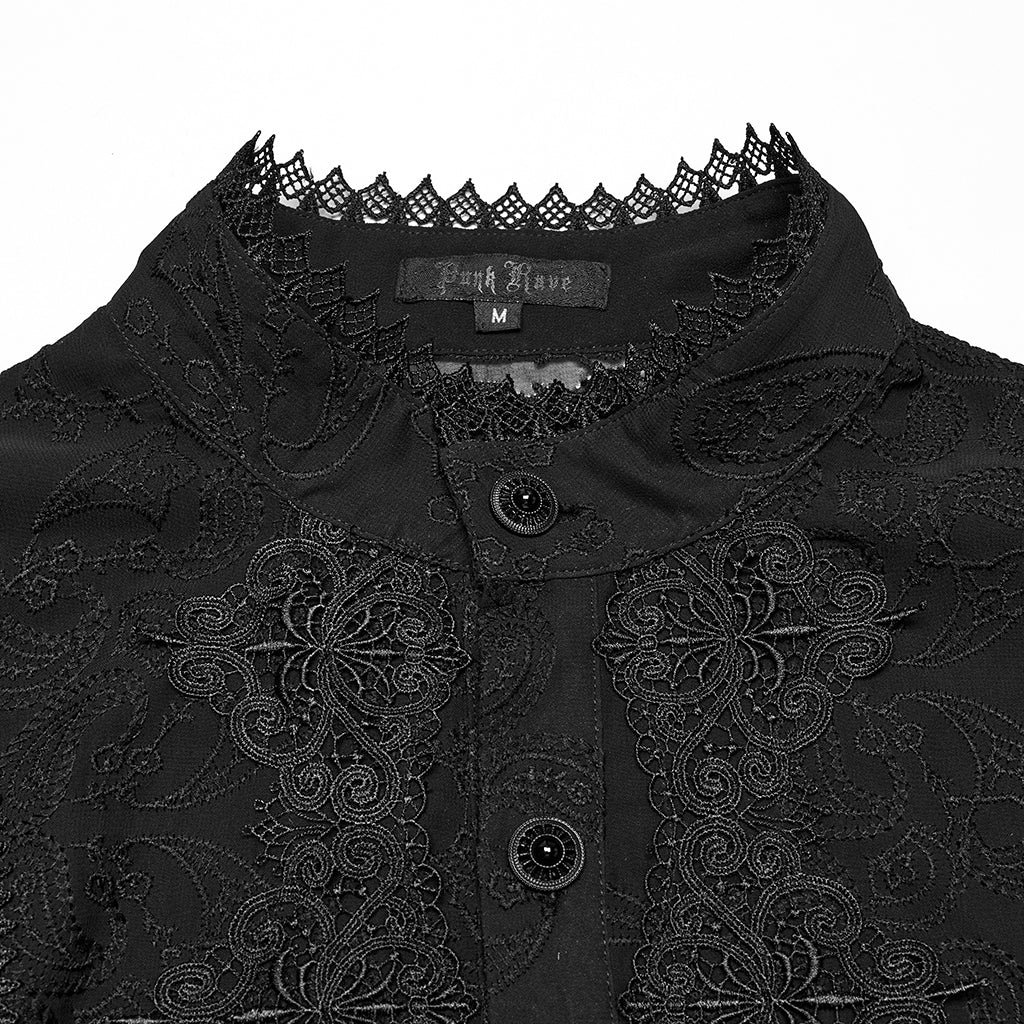 WY-1787CCM Elegant Sheer Lace Button-Up Gothic Shirt with High Collar