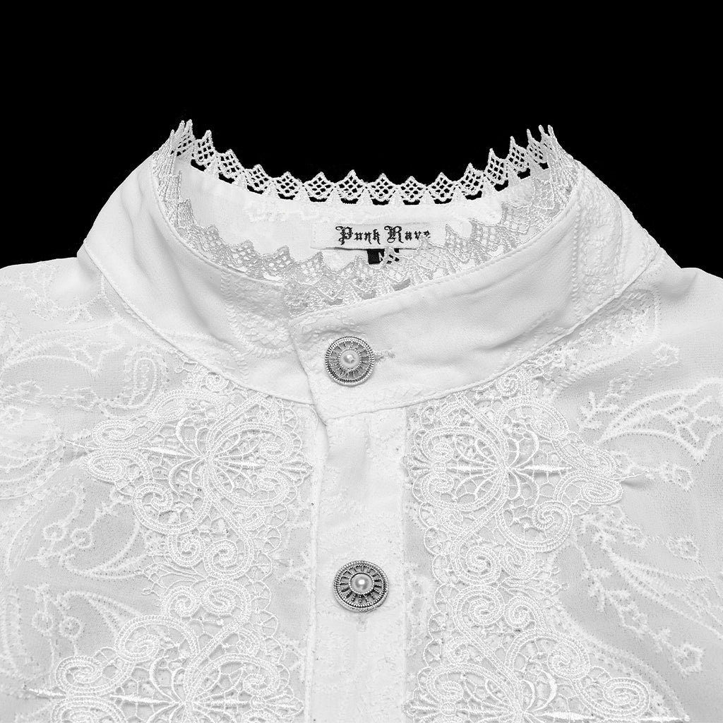 WY-1787CCM Elegant Sheer Lace Button-Up Gothic Shirt with High Collar