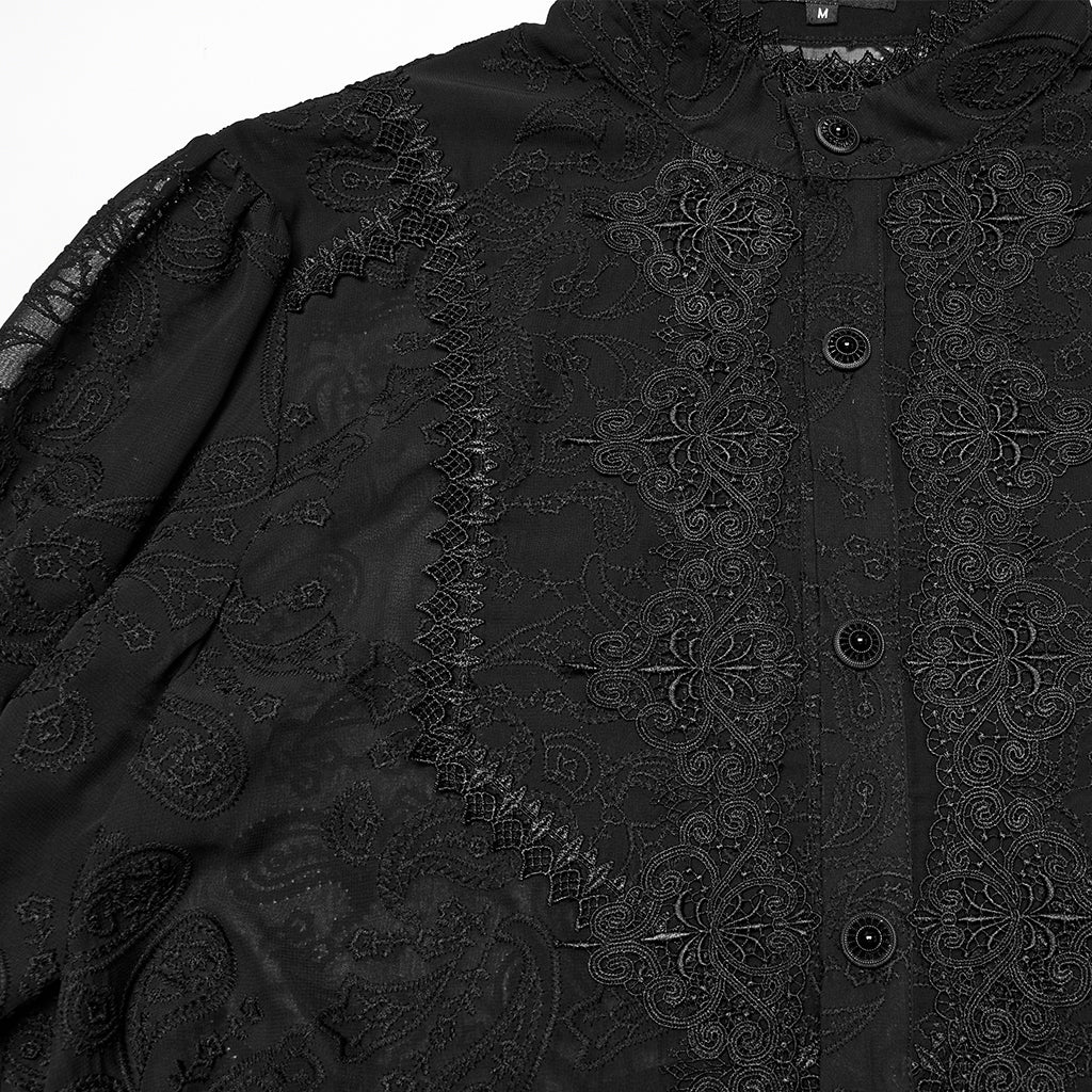 WY-1787CCM Elegant Sheer Lace Button-Up Gothic Shirt with High Collar