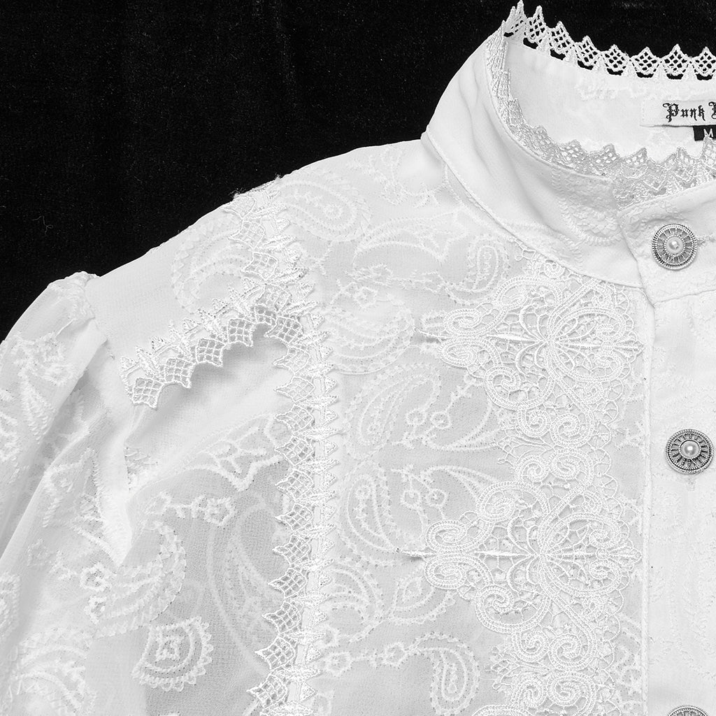 WY-1787CCM Elegant Sheer Lace Button-Up Gothic Shirt with High Collar